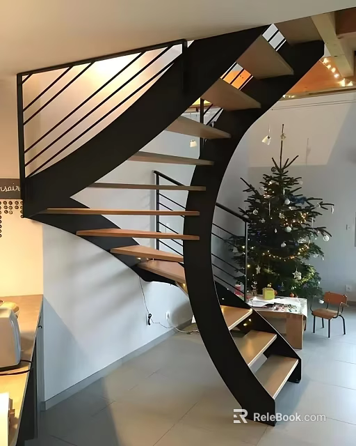 Modern Spiral Staircase Interior With Metal Railings Wooden Steps And Decorated Christmas Tree 3d model 