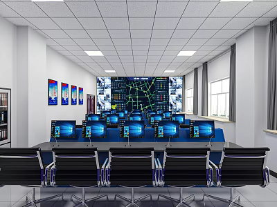 Modern Control Room Interior With Multiple Monitoring Screens And Control Consoles 3d model