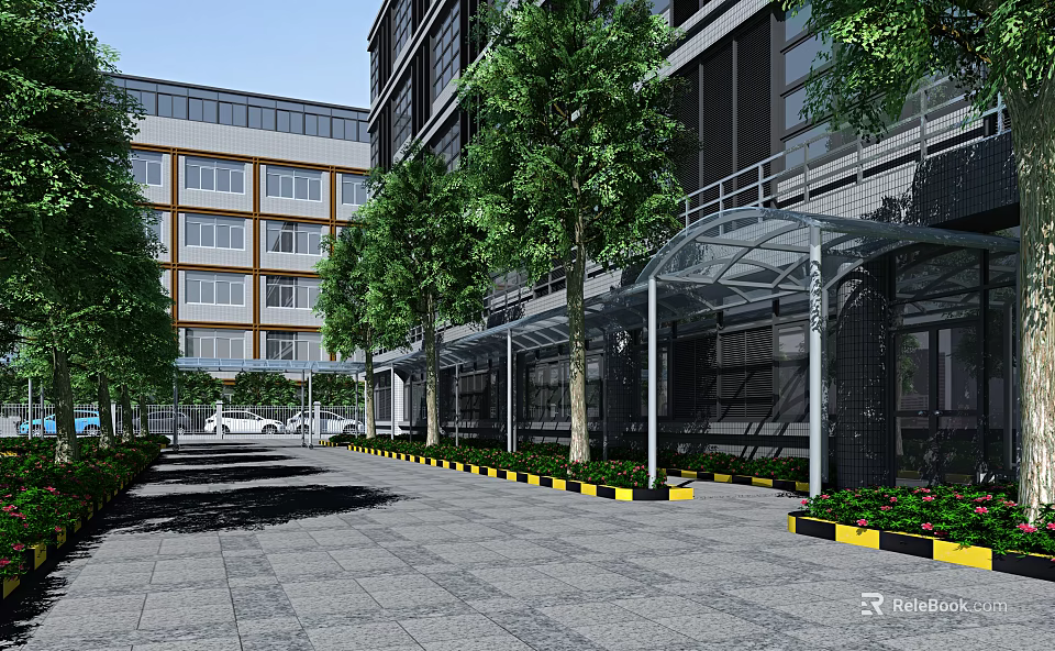 Modern Office Building Exterior With Parking Area Trees Glass Canopy And Landscaping 3d model 