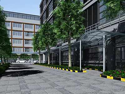 Modern Office Building Exterior With Parking Area Trees Glass Canopy And Landscaping 3d model