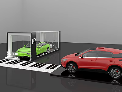 Transparent Car Display Shelf Showcasing P7 Green Sports Car Red SUV And Piano Key Floor 3d model