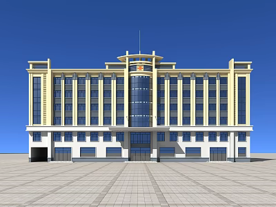Modern Office Building Exterior With Yellow White Facade Large Windows And Spacious Plaza 3d model