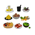 Assorted Fresh Fruits in Bowls and Plates with Grapes Peaches Bananas and Fresh Juice