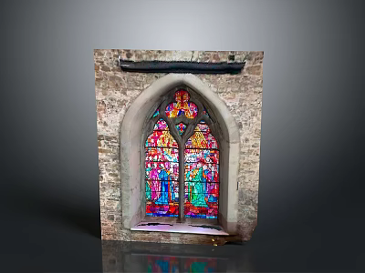 Architectural Arched Window Featuring Stained Glass and Stone Wall Design 3d model