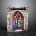 Architectural Arched Window Featuring Stained Glass and Stone Wall Design