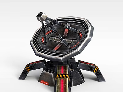 Futuristic Tower Structure With Octagonal Dish Mechanical Arms And Red Yellow Striped Base 3d model