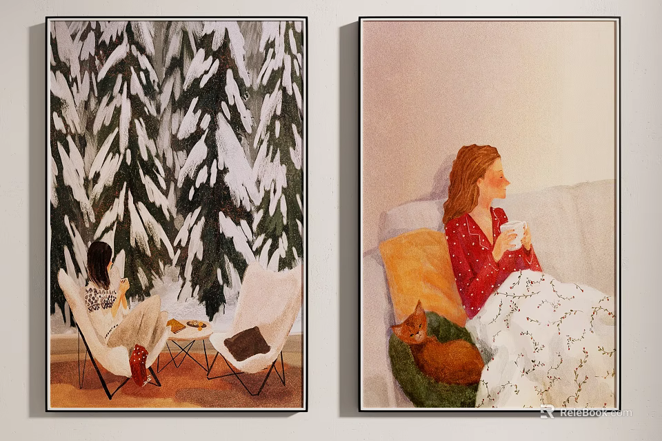 Two Paintings Featuring Winter Pine Scene Cozy Indoor Woman With Cat Blanket And Cup 3d model 