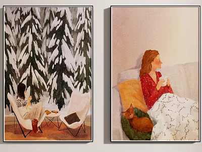 Two Paintings Featuring Winter Pine Scene Cozy Indoor Woman With Cat Blanket And Cup 3d model