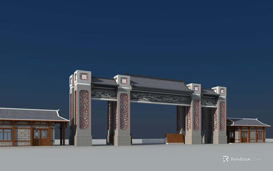 Traditional Chinese Entrance Gate with Carved Pillars and Classic Roof Design 3d model 