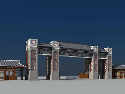 Traditional Chinese Entrance Gate with Carved Pillars and Classic Roof Design 3d model