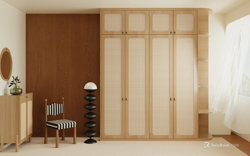 Natural Wood Wardrobe With Lattice Doors In Modern Interior With Brown Wall And Accent Furniture 3d model 