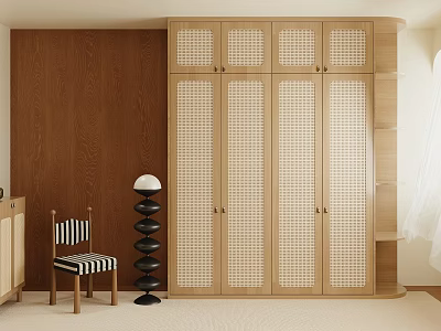 Natural Wood Wardrobe With Lattice Doors In Modern Interior With Brown Wall And Accent Furniture 3d model