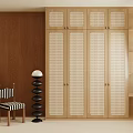 Natural Wood Wardrobe With Lattice Doors In Modern Interior With Brown Wall And Accent Furniture