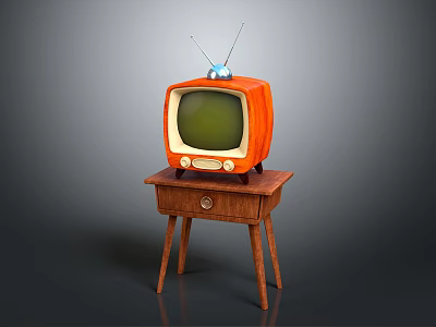 Vintage Orange Television With Antenna And Green Screen On Wooden Table 3d model