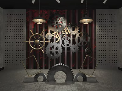 Industrial Style Sofa Background Wall With Metal Gear Decorations Red Stripes And Pendant Lights 3d model