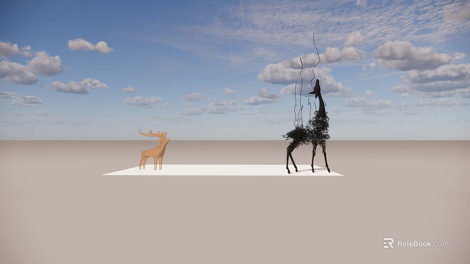 Decorative Ornament Set with Deer and Tree Shaped Figures on White Platform Under Blue Sky 3d model 