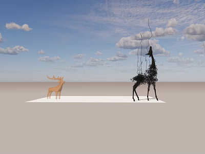 Decorative Ornament Set with Deer and Tree Shaped Figures on White Platform Under Blue Sky 3d model