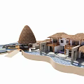 Tropical Thatched Roof House with Pool Terrace and Circular Water Features