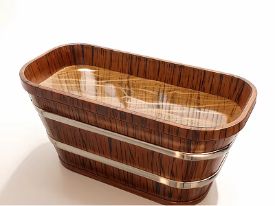 Oval Wooden Bathtub With Polished Metal Strips And Natural Wood Grain 3d model