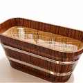 Oval Wooden Bathtub With Polished Metal Strips And Natural Wood Grain