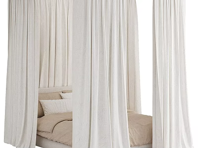 Stylish Double Bed Interior With White Draped Curtains And Beige Bedding 3d model