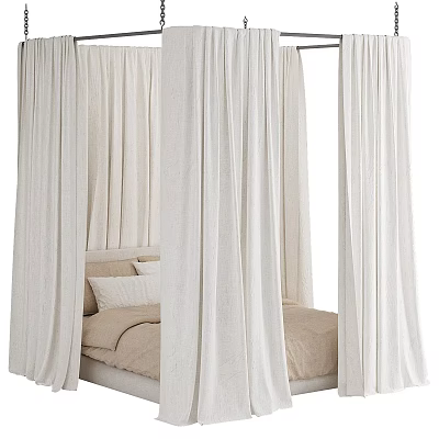 Stylish Double Bed Interior With White Draped Curtains And Beige Bedding 3d model
