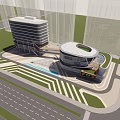 Modern Commercial Complex Featuring Glass Curtain Walls Green Roof And Urban Plaza