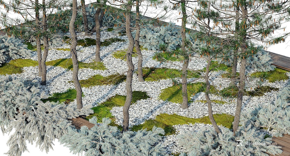 Arbor Trees Garden Landscape With Mossy Ground Pebble Cover And Green Shrubs 3d model 