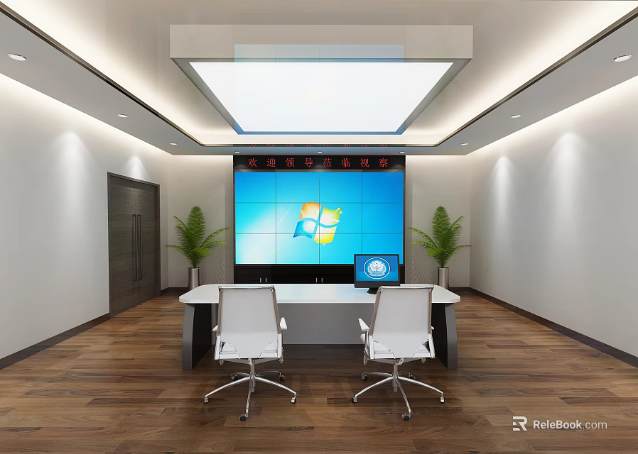 Modern Monitoring Control Room Interior With Large Monitor Screen Wall Control Desk White Chairs And Green Plants 3d model 