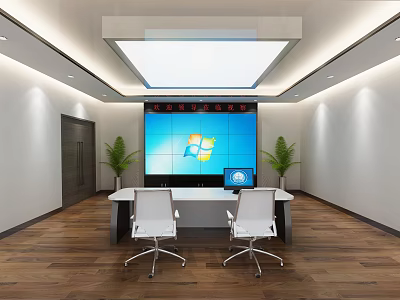Modern Monitoring Control Room Interior With Large Monitor Screen Wall Control Desk White Chairs And Green Plants 3d model