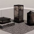 Modern Outdoor Lights With Geometric Patterns And Warm Glow In Garden Courtyard