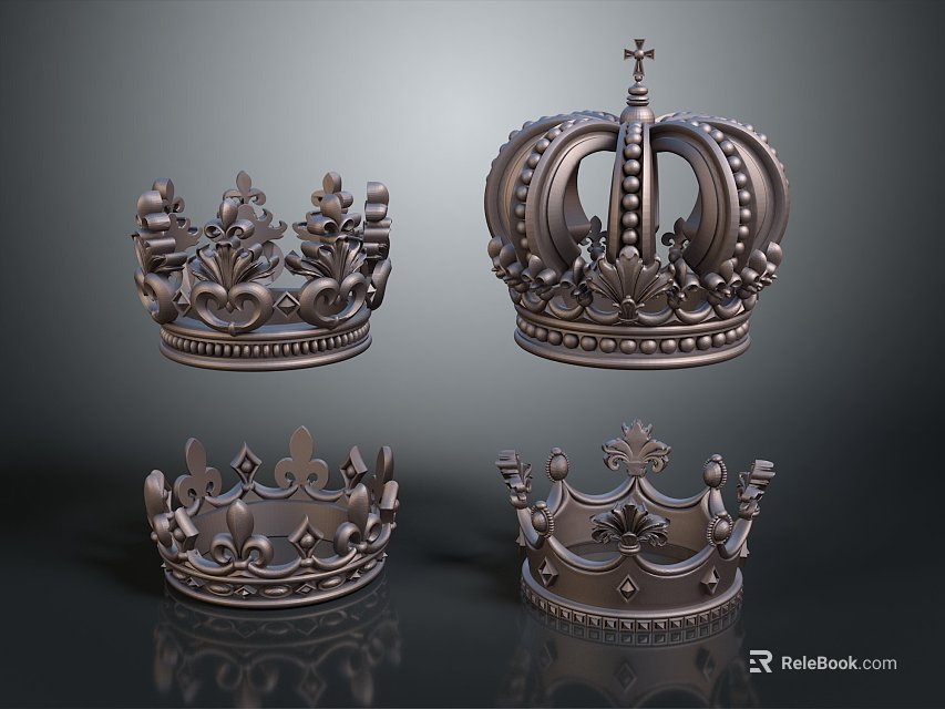 Four Metallic Crown Jewelry Pieces With Intricate Design For Luxury Collection 3d model 