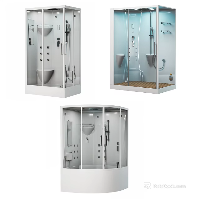 Modern Shower Sauna Units With Glass Doors Control Panels And Seating Areas 3d model 