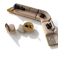 Modern L Shaped Sofa With Beige Upholstery Black Cushions And Round Wooden Coffee Table