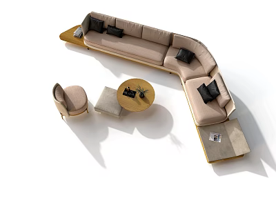 Modern L Shaped Sofa With Beige Upholstery Black Cushions And Round Wooden Coffee Table 3d model