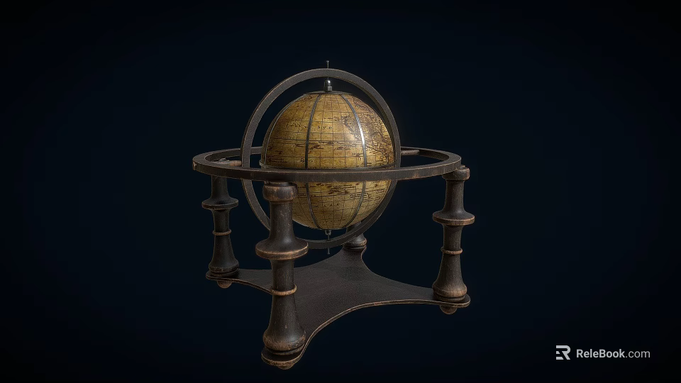 Decorative Ornament Set Featuring Vintage Globe On Antique Metal Stand Design 3d model 