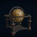 Decorative Ornament Set Featuring Vintage Globe On Antique Metal Stand Design