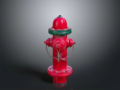 Building Exterior Red Fire Hydrant With Green Top And Metal Chains 3d model