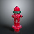 Building Exterior Red Fire Hydrant With Green Top And Metal Chains