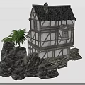Traditional Half Timbered House Design With Rocky Base Stone Steps And Palm Tree