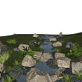 Waterside Landscape With Green Grassland Small Stream Surrounding Rocks And Flowers Under Blue Sky