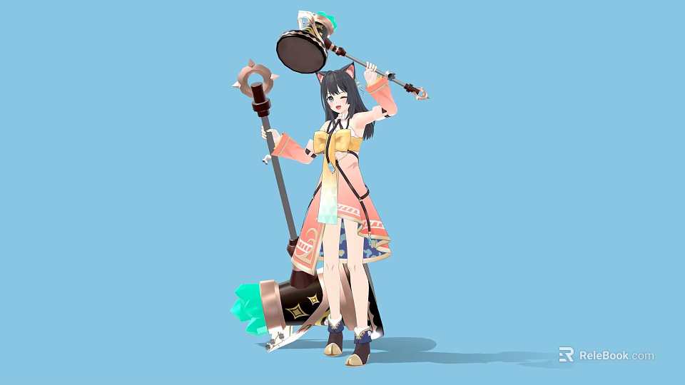 Standing Woman in Orange White Traditional Dress Holding Staff and Katana on Blue Background 3d model 