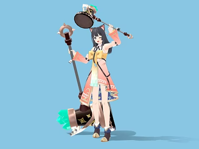 Standing Woman in Orange White Traditional Dress Holding Staff and Katana on Blue Background 3d model