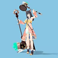 Standing Woman in Orange White Traditional Dress Holding Staff and Katana on Blue Background