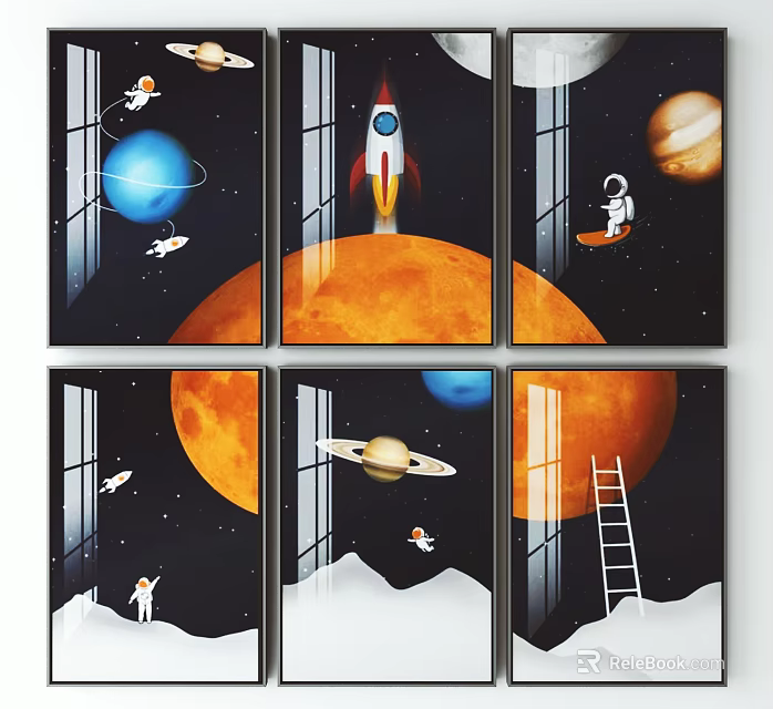 Space Theme Canvas Paintings With Astronaut Rocket Planets And Ladder Design 3d model