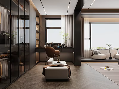 Modern Walk In Closet Interior With Glass Wardrobes Dressing Table And Ottoman 3d model