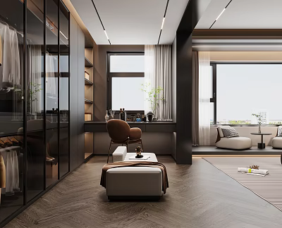 Modern Walk In Closet Interior With Glass Wardrobes Dressing Table And Ottoman 3d model
