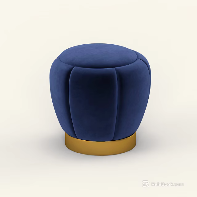 Deep Blue Velvet Round Stool With Gold Base And Modern Design 3d model 