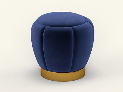 Deep Blue Velvet Round Stool With Gold Base And Modern Design 3d model