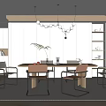 Modern Restaurant Interior With Round Pendant Lights Dining Table Chairs White Wall Shelves And Plant
